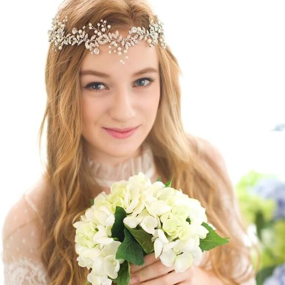 Crystal Hair Vine Bride Wedding Silver Pearl Bridal Headpiece Rhinestone Leaf Ha - Picture 5 of 7